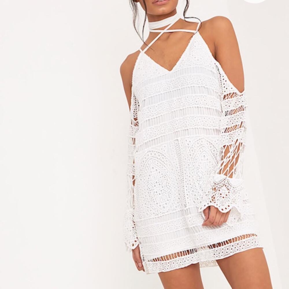 PrettyLittleThing Nina White Lace Cold Shoulder Tie Neck Shift Dress